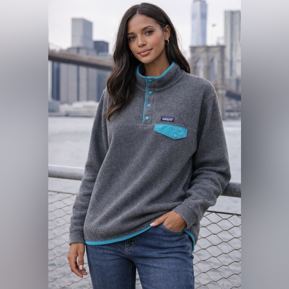 Patagonia Synchilla Snap-T Fleece Pullover Women’s XL Gray Teal Classic Logo - Picture 12 of 12